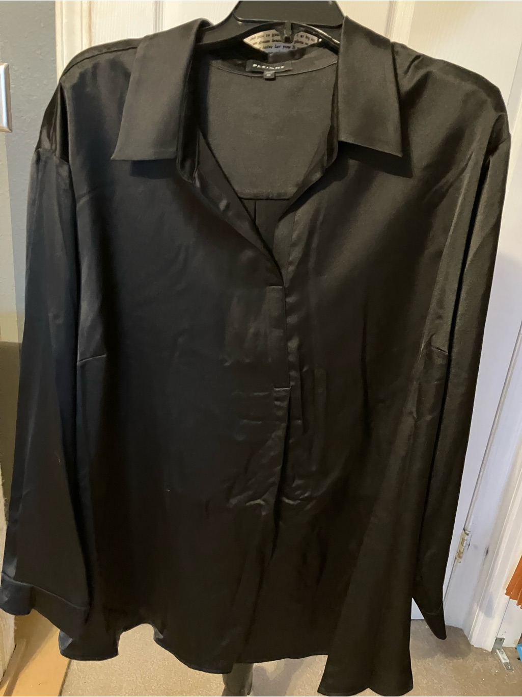 Pleione Black Satin Button-Front Blouse